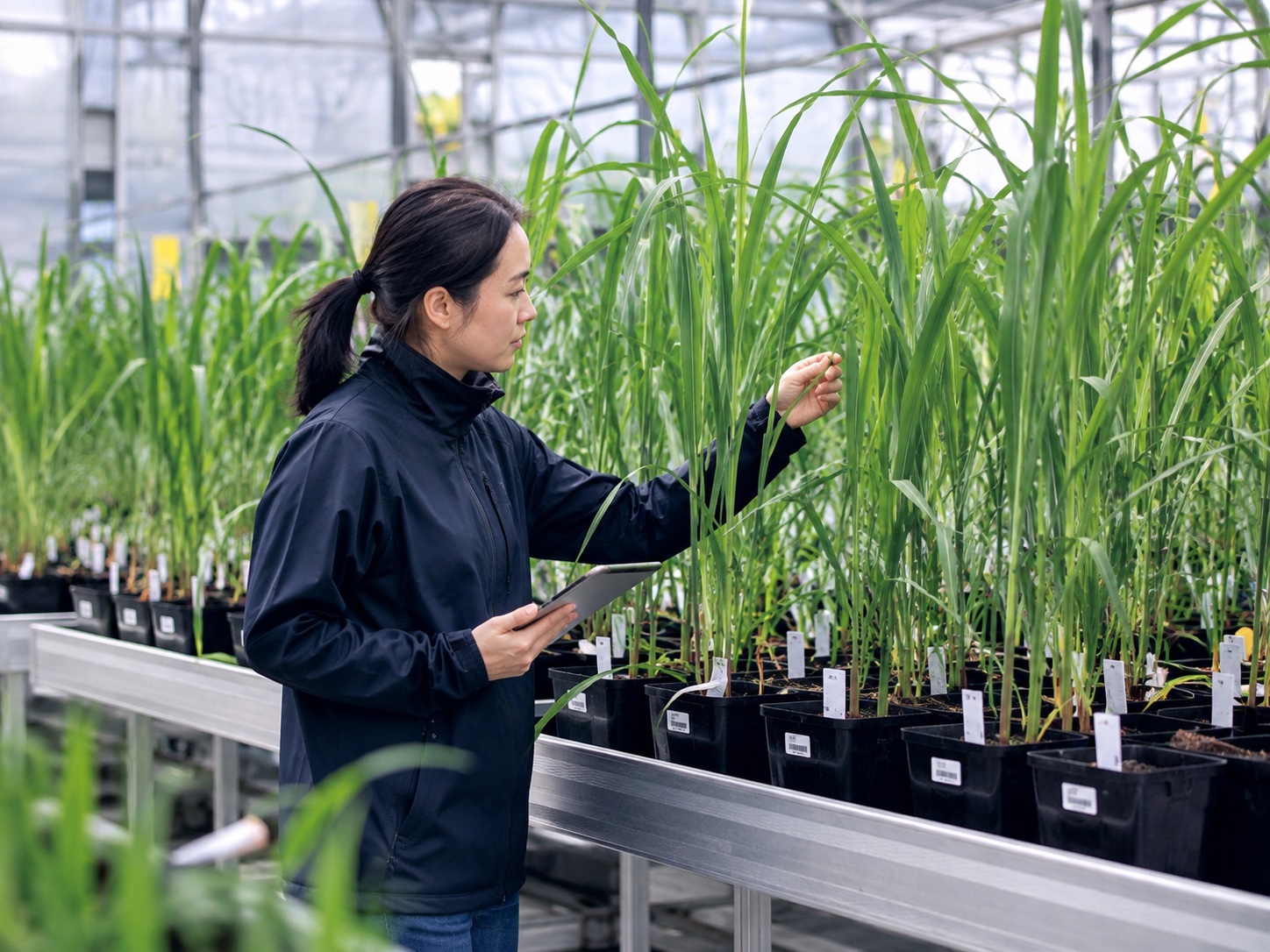 Researcher using a tablet while examining greenhouse plants